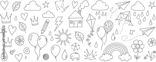 Hand Drawn Style Cloud, Crown, Hearts, House, Leaves, Kite, Rainbow on White