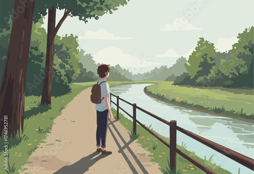 A young man contemplates a serene riverbank path.  Soft, calming colors and a peaceful landscape evoke a sense of tranquility. Ideal for lifestyle and nature themes.