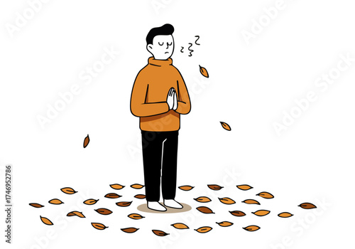 A man kneels amidst falling autumn leaves, seeking quiet reflection. Simple, minimalist illustration evokes a sense of calm and introspection. Perfect for wellness and relaxation themes.