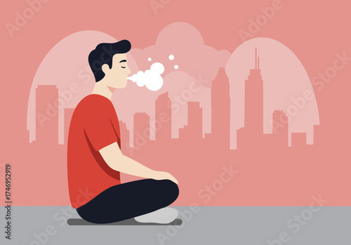 A young man meditates with a cityscape backdrop, exhaling a breath of air. Modern, minimalist illustration with soft colors and a calming atmosphere.