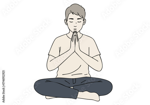 A young man meditates with hands folded in prayer, embodying mindful awareness. Simple, serene illustration with a focus on inner peace and calm. Suitable for wellness and self-care themes.