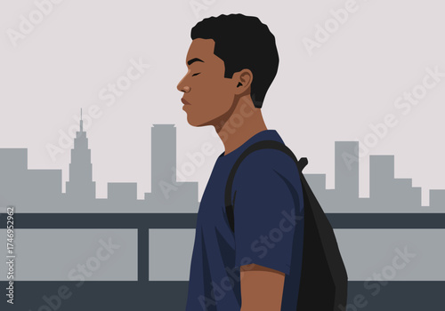 A young man pauses, taking a deep breath with eyes closed, overlooking a city skyline. Calm, contemplative, and stylish. Suitable for wellness and urban themes.