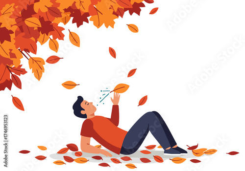 A young man relaxes outdoors, breathing deeply amidst falling autumn leaves. A vibrant, stylized illustration evokes a sense of calm and natural flow. ?Smart breath flow?