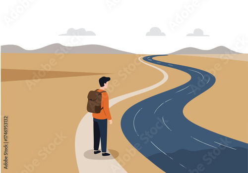 A young man walks along a winding path towards a river, contemplating the future. Scenic desert landscape, peaceful journey, hopeful outlook. Suitable for travel, adventure, and motivational themes.