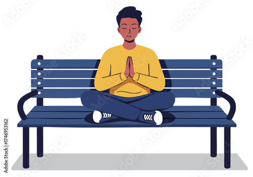 A serene young man meditates on a park bench, embodying tranquility. Simple, calming illustration with a muted color palette. Perfect for wellness and mindfulness themes.