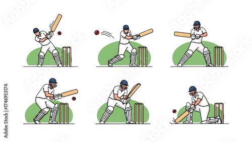 High Quality Colorful Cricket Batsman Icon Set – Player Hitting Ball in Various Poses with Wicket and Stumps
