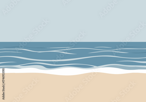 A serene beach scene with calm waves and a sandy shore. Simple, modern illustration evokes tranquility and relaxation. Perfect for calming visuals.