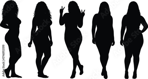 Women silhouettes diverse body shapes, curly hair, straight hair, peace sign, casual standing poses, body positivity, fashion, lifestyle, design, art