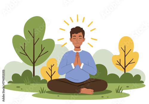 A serene man meditates outdoors, bathed in sunlight. He sits in a relaxed posture, palms together, conveying peace and mindfulness. A lush green background enhances the tranquil scene.