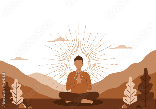 A serene man meditates outdoors, bathed in warm energy. A peaceful landscape and radiant light create a sense of calm and wellbeing. Ideal for wellness and mindfulness themes.