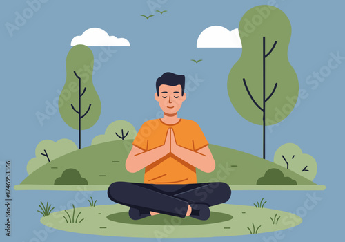 A serene man meditates outdoors in a park setting. He sits in a relaxed posture, conveying peace and mindfulness. Soft colors and natural elements create a calming visual.