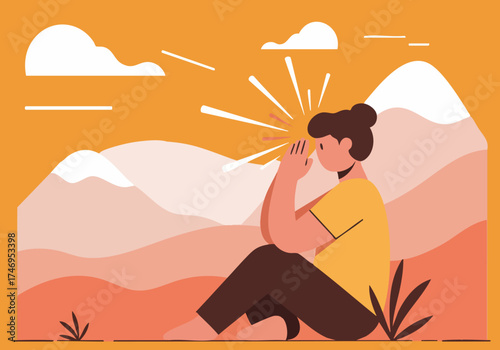 A serene woman kneels outdoors, meditating with a burst of light. Soft colors and a peaceful landscape create a calming visual.