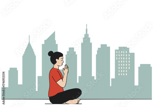 A serene woman meditates amidst a bustling city skyline. Minimalist illustration evokes calm and urban tranquility. Perfect for wellness and lifestyle branding.