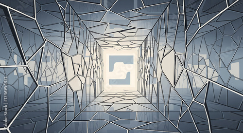 Digital Network Burst: Abstract Geometric Grid with Central Light and Fragmented Data