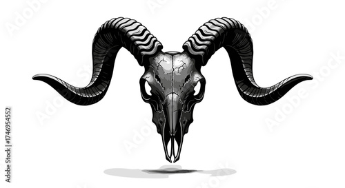 Detailed Ram Skull with Large Curved Horns.