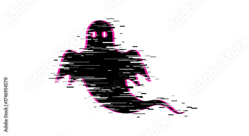 Digital ghost with glitch effect on white background.