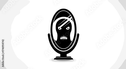 Evil monster face appearing in a vintage mirror silhouette.