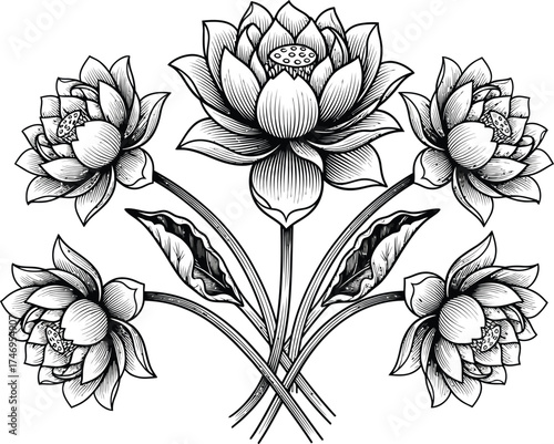 Monochrome Sketch of Lotus Flowers with Leaves on White Backdrop Intricate Pattern