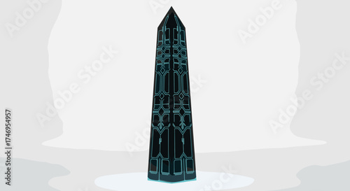 Futuristic Black Obelisk with Intricate Geometric Patterns.