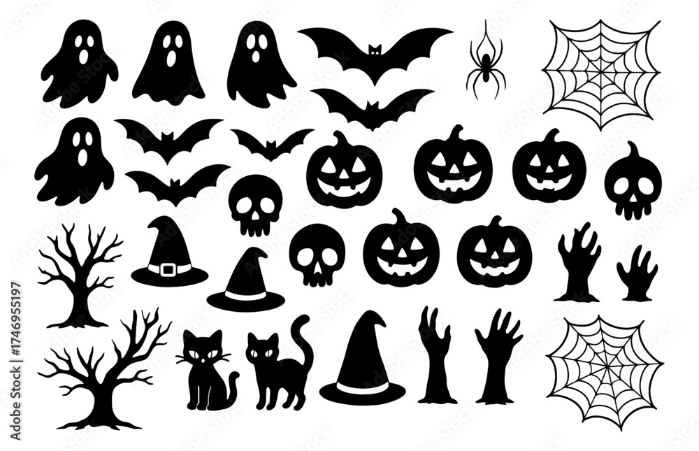 Naklejka premium Halloween ghost bat spider web pumpkin skull witch hat zombie hand cat spooky tree silhouette set