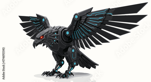 Futuristic Mechanical Raven Bird Robot with Glowing Red Eyes.