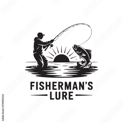 Fisherman Silhouette in Circle Logo Vector