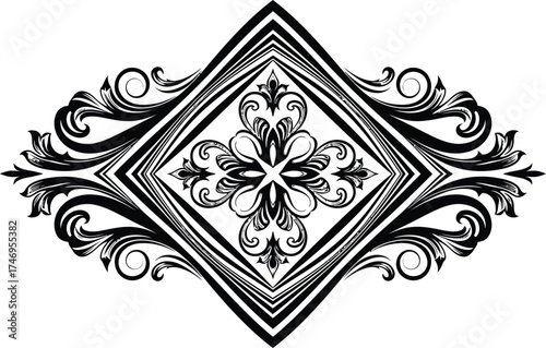 Ornate Black Decoration with Floral Elements and Diamond on White
