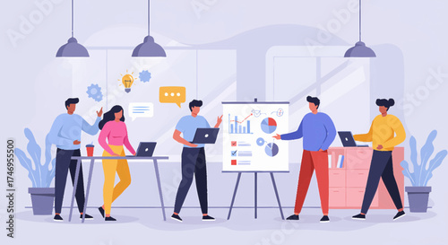 Team collaborating on project in modern office environment