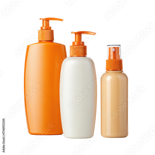 Three bottles of sunscreen lotion, sunblock, and spray for sun protection isolated on transparent background for summer vacation