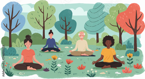 People meditating together in a serene outdoor environment surrounded by nature and trees
