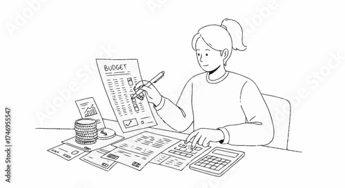 Woman reviewing financial documents and budget at a desk with papers and money