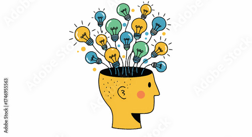 Creative ideas emerging from a person's mind depicted in a colorful illustration