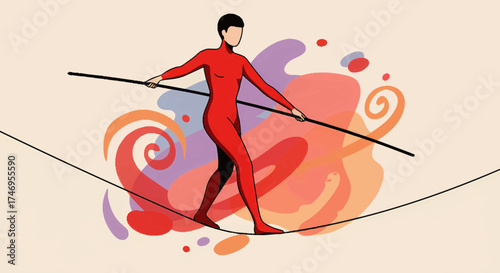 Illustration of a person in a red suit skillfully balancing on a tightrope with a pole against a vibrant abstract background.
