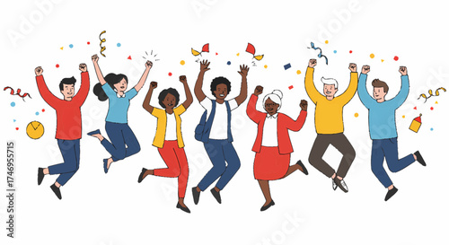 A diverse group of people of various ages and ethnicities joyfully jumping in the air amidst a shower of confetti and streamers, celebrating a moment of shared happiness and success.