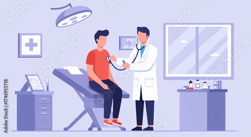 Doctor examining a patient with a stethoscope in a medical examination room.