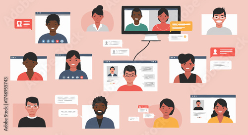 Diverse group of people participating in a virtual meeting or online conference call.