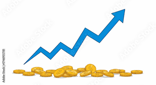 A blue arrow graph showing an upward trend over a pile of gold coins, symbolizing financial growth and investment success.