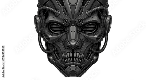 Intricate dark metallic biomechanical robot head illustration.