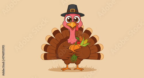 A cartoon turkey wearing a pilgrim hat and holding a pumpkin and corn cob, celebrating Thanksgiving.