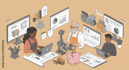 Modern entrepreneurs building and growing diverse businesses, from artisanal crafts to e-commerce, with strategic planning, digital management, and financial oversight for success