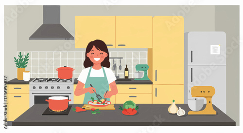 A cheerful young woman preparing a healthy and vibrant meal in her modern kitchen, enthusiastically chopping fresh vegetables for a delicious home-cooked dish
