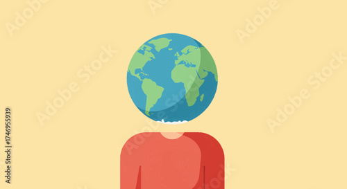 An illustrated representation of a person with the Earth as their head, symbolizing global awareness, environmental responsibility, and an interconnected human perspective