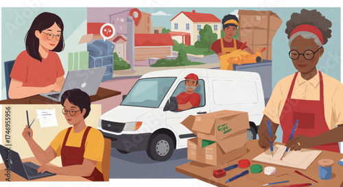 Vibrant illustration showcasing diverse individuals engaged in modern entrepreneurship, from remote work and creative crafting to food preparation and efficient delivery services for small businesses