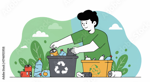 Person sorting recyclables into bins amidst eco-friendly surroundings with plants and eco symbols
