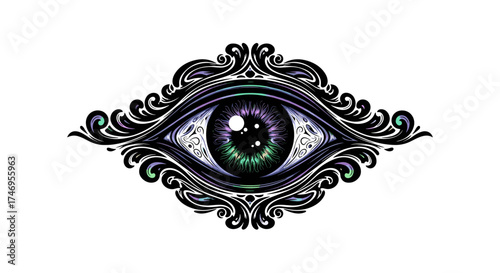 Intricate Ornate Eye Design with Green Iris and Detailed Filigree.