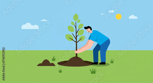 A person planting a tree in a field on a sunny day