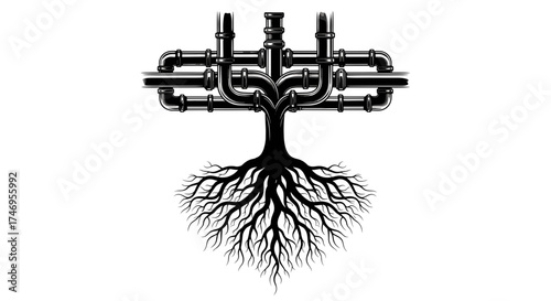 Intricate Plumbing System Resembling a Tree with Roots.