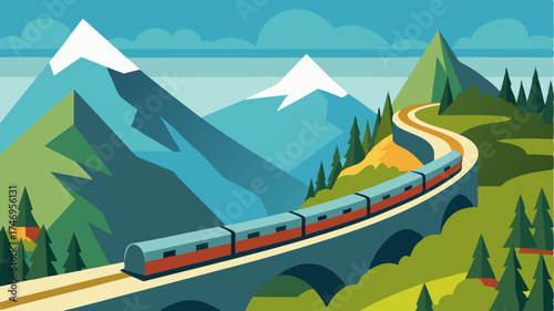 A scenic train traveling along a winding track through mountains representing rail journeys and scenic routes.