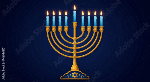 A majestic menorah with nine lit candles standing against a dark blue background