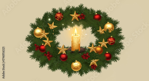 A festive Christmas wreath with decorations and a lit candle at its center, viewed from directly above.